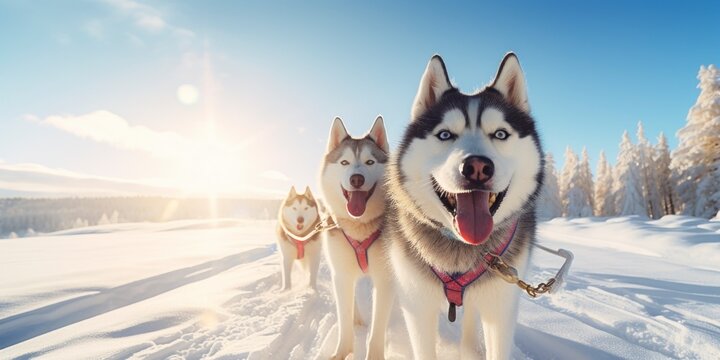 Two huskies pulling a sled through a snowy landscape, with a clear blue sky and sun shining