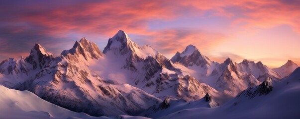 panoramic view of a mountain range covered in snow, with the sun setting and casting pink hues on the peaks