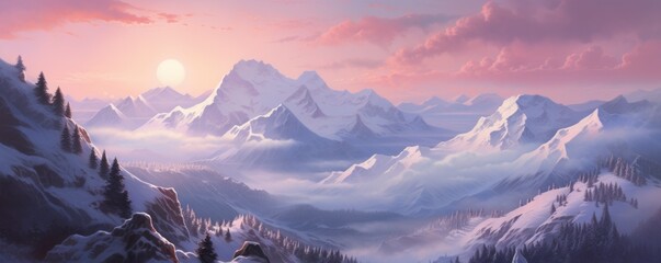 panoramic view of a mountain range covered in snow, with the sun setting and casting pink hues on the peaks - obrazy, fototapety, plakaty