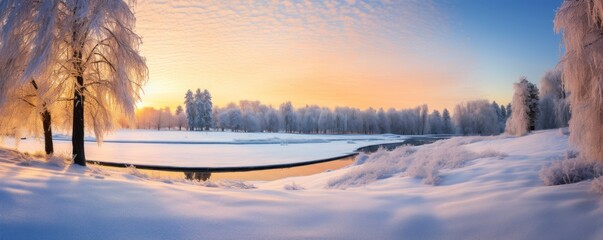 panoramic view of a snow-covered golf course at sunrise, with frosty trees and a peaceful, undisturbed landscape - obrazy, fototapety, plakaty
