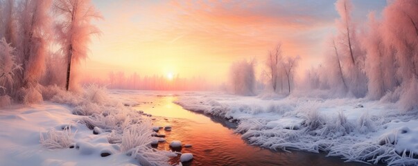 panoramic winter sunrise over a frozen river, with pink and orange hues in the sky and frost on trees