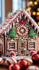 gingerbread house with intricate icing details, surrounded by candy canes and holiday treats