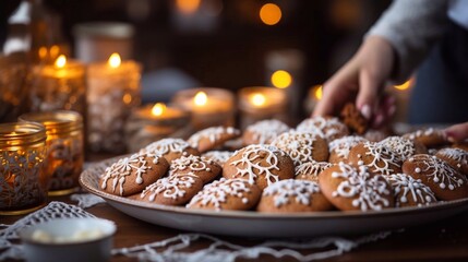 Baked Gingerbread Cookie in tray on wooden table on candles background. Christmas traditional cookies. AI generated