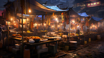 Asian street food market, street food, market, eating food, market food