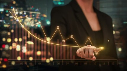 Profits Forecast for 2024, Business Woman using Virtual or Augmented Reality to Predict Company Results. Downward Trend. Future Economic Recession, Crisis, Bankruptcy, Crash. Descending Arrow Chart.
 - Powered by Adobe