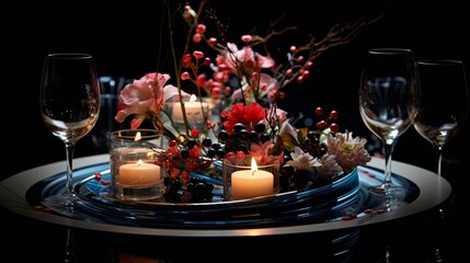 A dynamic shot of a New Year table centerpiece with creative lighting and composition.