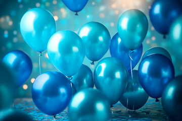 Tirquise blue inflatable balloons with confetti, Generative AI - obrazy, fototapety, plakaty