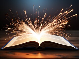 AI-generated illustration of an open hardcover book with an explosion of sparks coming from it, on a table. MidJourney.