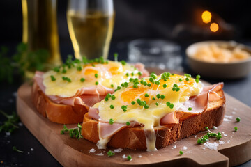 Toast with ham and cheese, delicious breakfast, generative AI