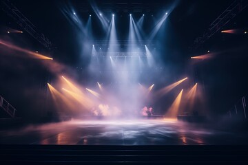 Music concert stage with dynamic yellow lighting and smoke effects