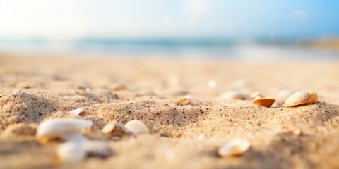 Fototapeta na wymiar Sandy beach scattered with seashells under a bright sky with shallow depth of field