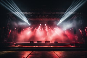 Concert stage with dramatic red lighting and spotlights before a performance