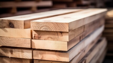 Stacked timber planks at a lumber yard with soft focus on wood texture and patterns