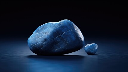 Two polished blue stones on dark reflective surface with a dramatic light
