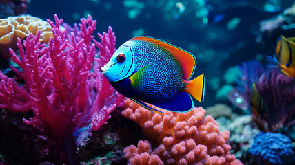 Close-up of a vibrant angelfish swimming among colorful coral reefs, AI Generative.