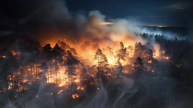 Nighttime Fury: Wildfires' Wrath in a Darkened Forest. Top-Notch 4K Looping Video Animation for Backgrounds.