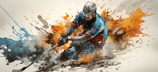 illustration of a Watercolor Ice Hockey player covered in multicolored paint splashes.sport splash.

