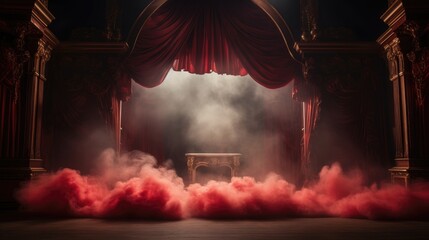Theater stage with red curtains and theatrical smoke and fog