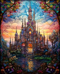 Stain glass window featuring a castle in a landscape setting.