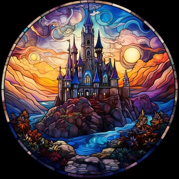 Stain glass window featuring a castle in a landscape setting.