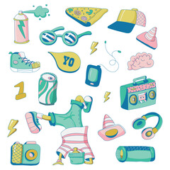 Groovy hip-hop set. Funny B-Boy, sunglasses, tape recorder, pizza, drink, earphones, camera, sneakers, graffiti spray, calonka, cap, etc. Set of stickers in trendy cartoon style. Isolated vector