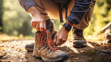 A man tying his hiking boots on a trail, AI