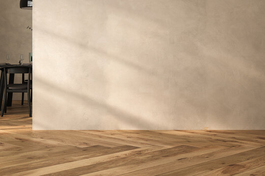 Modern interior design of apartment, dining room with table and chairs, empty living room with beige wall, panorama.