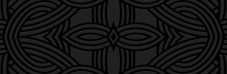 Banner, cover design. Embossed ethnic tribal geometric unique 3D line pattern on black background. Abstraction. Original motifs of the East, Asia, India, Mexico, Aztec, Peru.