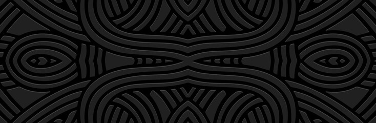 Banner, cover design. Embossed ethnic tribal geometric exotic 3D line pattern on black background. Abstraction. Original motifs of the East, Asia, India, Mexico, Aztec, Peru. 