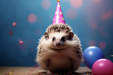 Fototapeta na wymiar Hedgehog with party hat, Generative AI