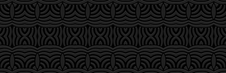 Obraz premium Banner, cover design. Embossed ethnic tribal geometric ornamental 3D pattern of lines on a black background. Abstraction. Original motifs of the East, Asia, India, Mexico, Aztec, Peru.