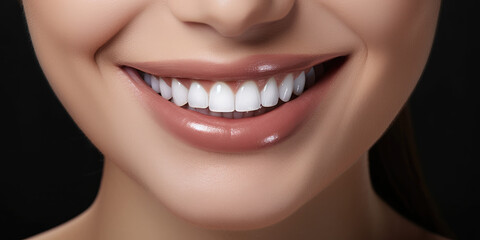 Banner with close-up of a beautiful smiling woman with white perfect teeth isolated on dark black.