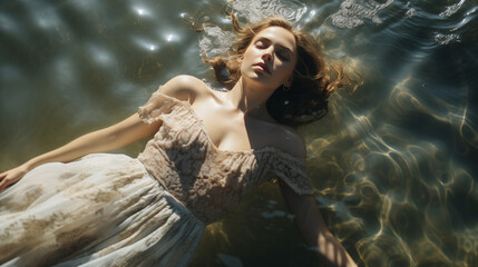 A beautiful woman in an elegant dress floating in water