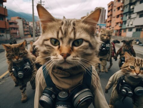 A group of cats walking down a street wearing gas masks. Generative AI.