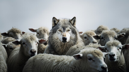 a dark grey wolf in a flock of white sheeps with clean background