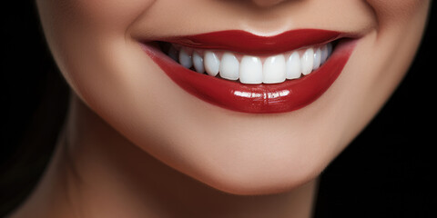 Fototapeta premium Banner with close-up of a beautiful smiling woman with white perfect teeth isolated on dark black.