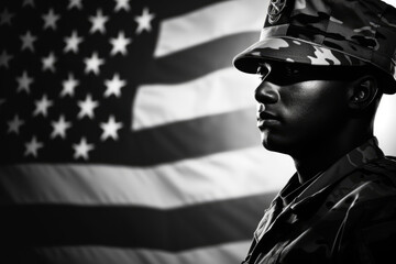 Soldier and Flag in Black and White