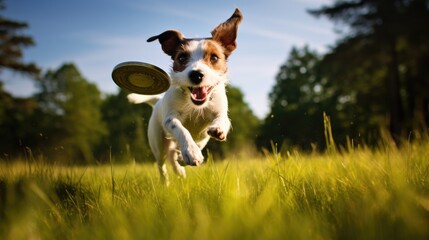 A dog running through a field with a frisbee in its mouth. Generative AI.