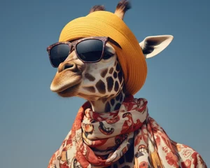 Fotobehang A giraffe wearing a yellow hat and sunglasses. Generative AI. © Natalia