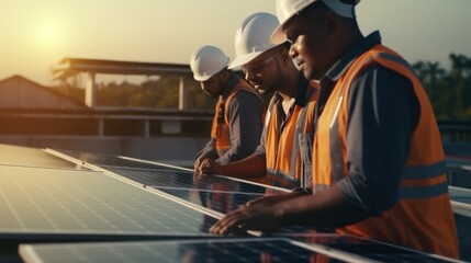 engineer with laptop and tablet maintenance checking installing solar roof panel on the factory rooftop