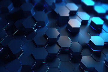 Hexagonal geometric ultra wide background. Abstract blue of futuristic. Sci fi banner, cover. 3d render illustration.