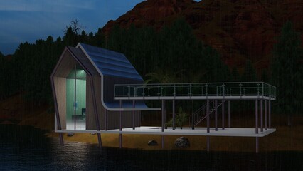 Nordic type 3 cafe style with large balcony and lake view, surrounded by nature, 3D design.
