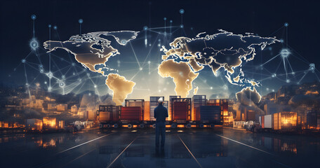world map, transportation industrial concept, container cargo, Logistic import export, smart transportation, Truck logistics, Distribution Network, Technology Retail Warehouse