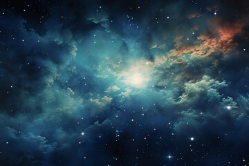 Naklejka premium a background featuring blue clouds and stars, in the style of interstellar nebulae, birds-eye-view, m42 mount, light amber and teal, soft atmospheric scenes --ar 128:85 