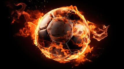 An intense and dramatic image capturing a sport ball engulfed in flames against a stark black background, radiating energy and passion.