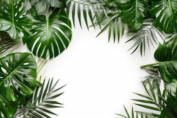 Fototapeta premium Green tropical leaves frame on white background. Summer concept. Generative AI.
