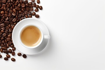 cup of coffee with beans on a white background with copy space