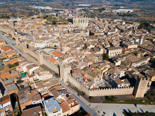 Aerial view of historical center of ancient city Montblanc, Spain - obrazy, fototapety, plakaty