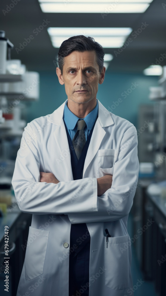 Poster a man in lab coat standing in a laboratory. generative ai.