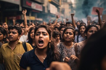Angry Indian people protesting on a street